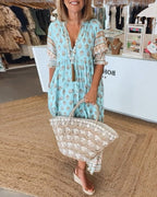 Leif Women's Dress – Printed V-Neckline Dress with Mid-Length Sleeves & Cozy Fit