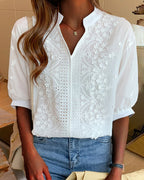 Kellan Women's Blouse – V-Neckline Top with Puff Sleeves, Cotton-Blend Fabric & Patchwork Accents