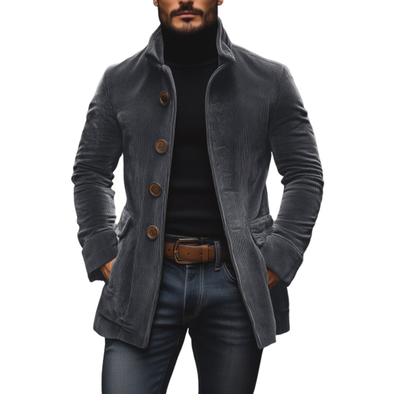 Liora Men's Corduroy Coat – Tailored Fit with Mandarin Collar & Refined Side Slip Pockets