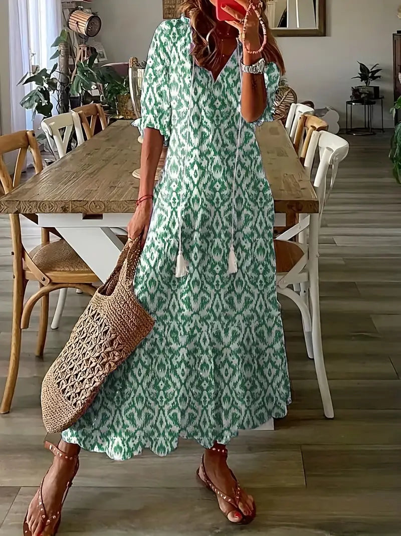 Corwin Women's Boho Dress – Sophisticated Ruffled Summer Dress with V-Neckline & Ikat Print