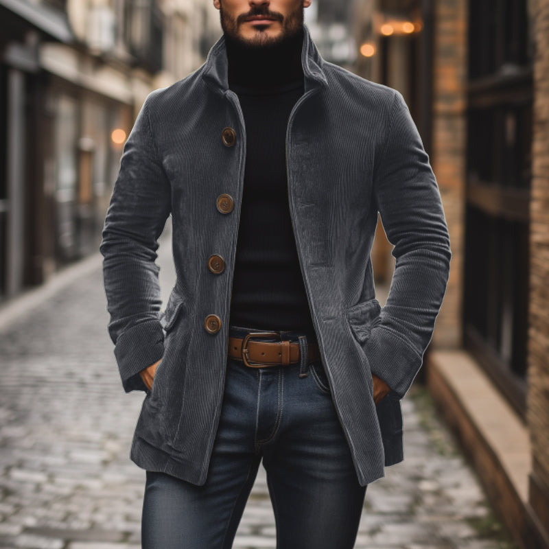 Liora Men's Corduroy Coat – Tailored Fit with Mandarin Collar & Refined Side Slip Pockets