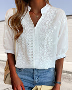 Kellan Women's Blouse – V-Neckline Top with Puff Sleeves, Cotton-Blend Fabric & Patchwork Accents