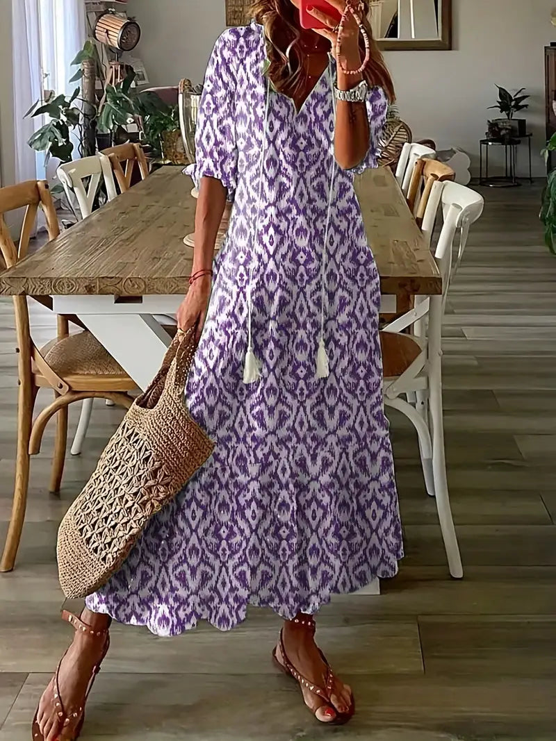 Corwin Women's Boho Dress – Sophisticated Ruffled Summer Dress with V-Neckline & Ikat Print