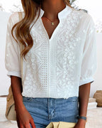 Kellan Women's Blouse – V-Neckline Top with Puff Sleeves, Cotton-Blend Fabric & Patchwork Accents