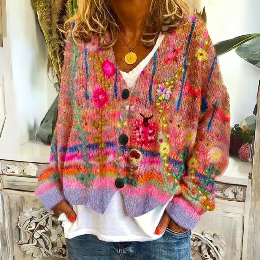 Gwyn Bohemian Cardigan – Multicolor Cardigan with Floral Embroidery and a Loose, Comfortable Fit