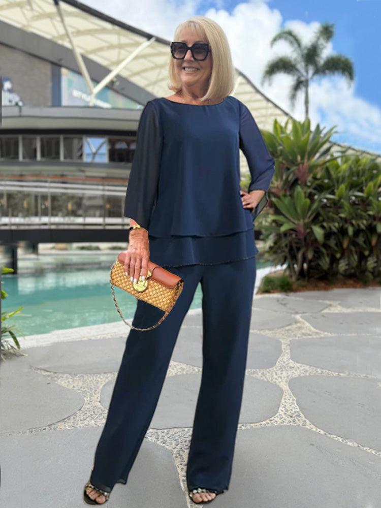 Fenwick Women's Two-Piece Set – Sophisticated 3/4-Sleeve Top & Cozy Pants for Every Occasion