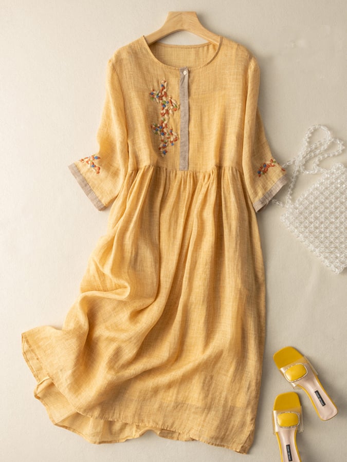 Talise Women's Dress – Embroidered Cotton-Linen Dress with Ethnic-Inspired Design and Comfortable Fit