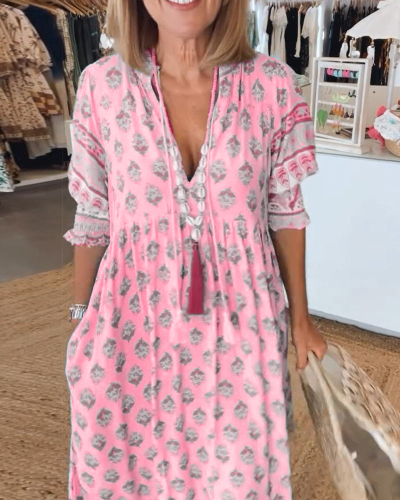 Leif Women's Dress – Printed V-Neckline Dress with Mid-Length Sleeves & Cozy Fit