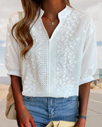 Kellan Women's Blouse – V-Neckline Top with Puff Sleeves, Cotton-Blend Fabric & Patchwork Accents