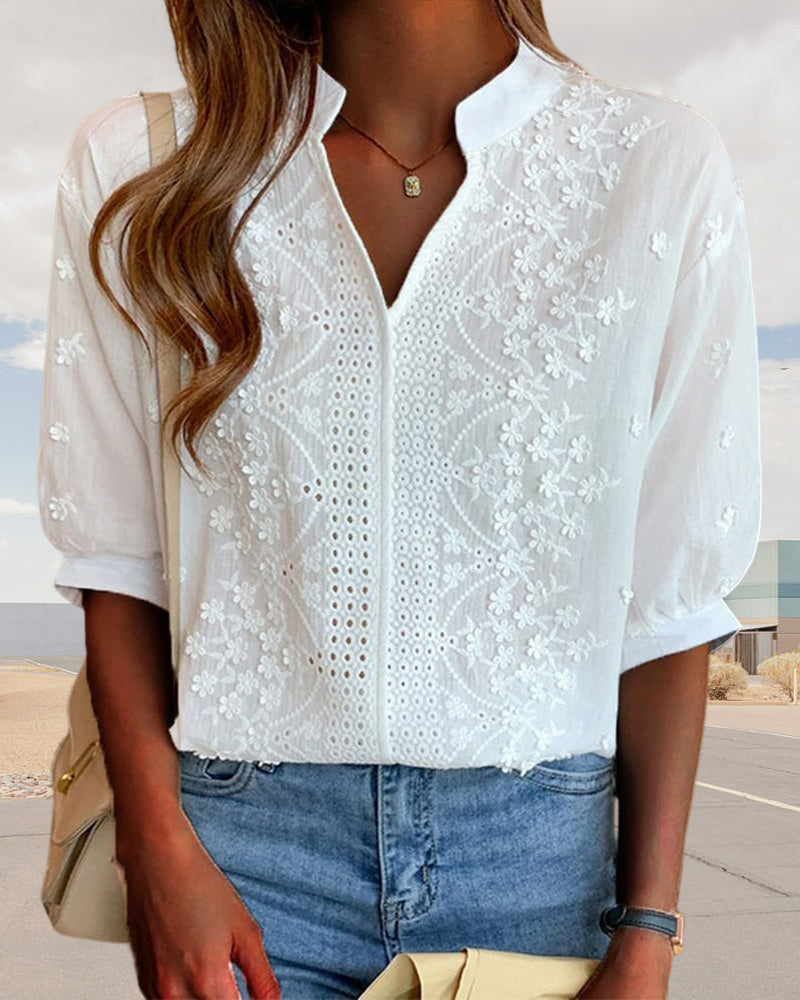 Kellan Women's Blouse – V-Neckline Top with Puff Sleeves, Cotton-Blend Fabric & Patchwork Accents