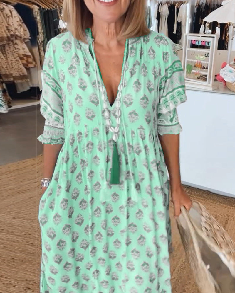 Leif Women's Dress – Printed V-Neckline Dress with Mid-Length Sleeves & Cozy Fit
