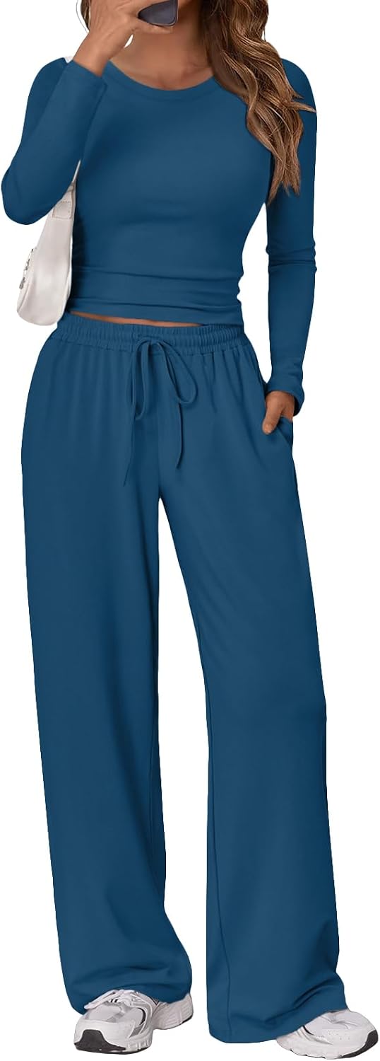 Sunniva Women's Two-Piece Lounge Set – Ruched Long-Sleeve Top & Wide-Leg Pants