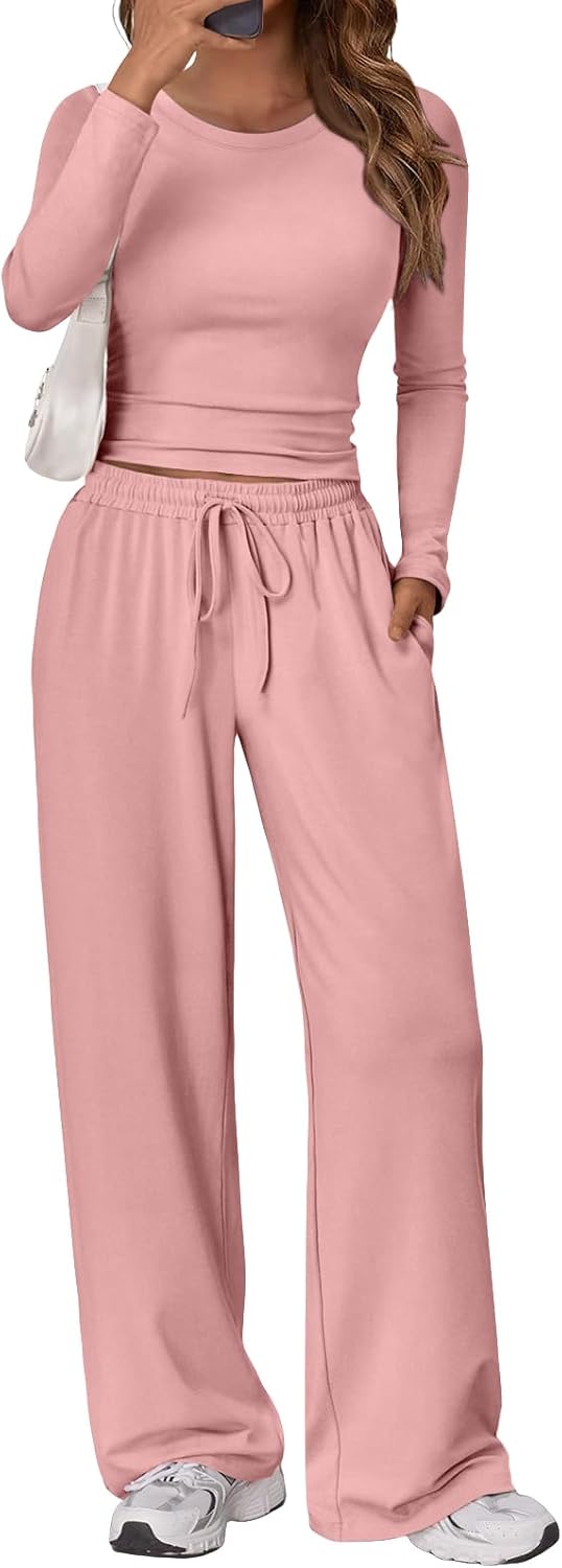 Sunniva Women's Two-Piece Lounge Set – Ruched Long-Sleeve Top & Wide-Leg Pants