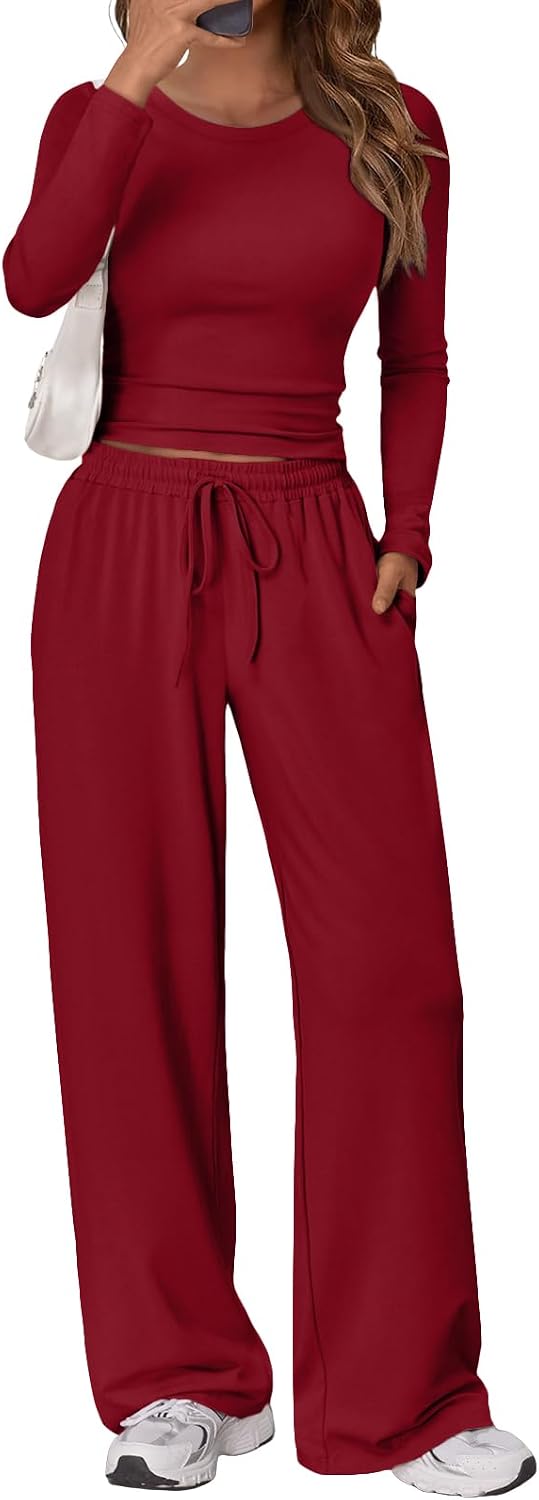 Sunniva Women's Two-Piece Lounge Set – Ruched Long-Sleeve Top & Wide-Leg Pants