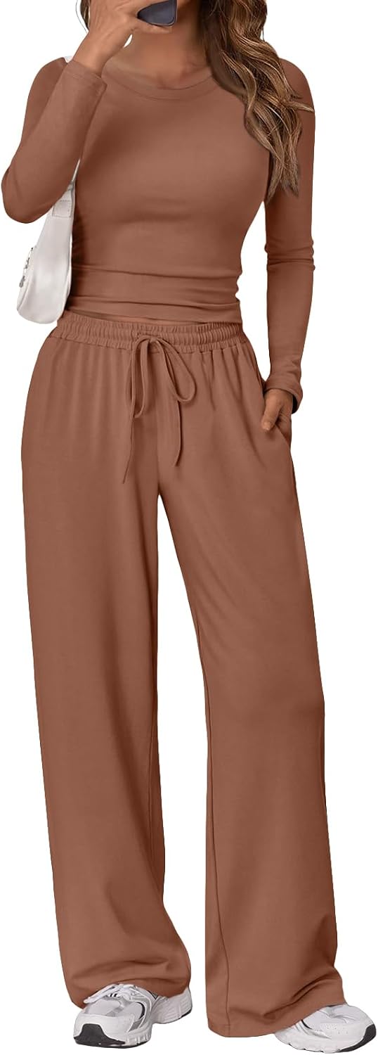 Sunniva Women's Two-Piece Lounge Set – Ruched Long-Sleeve Top & Wide-Leg Pants