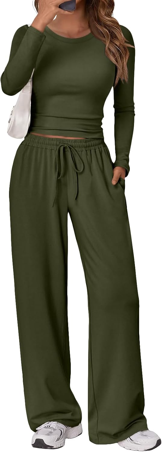 Sunniva Women's Two-Piece Lounge Set – Ruched Long-Sleeve Top & Wide-Leg Pants
