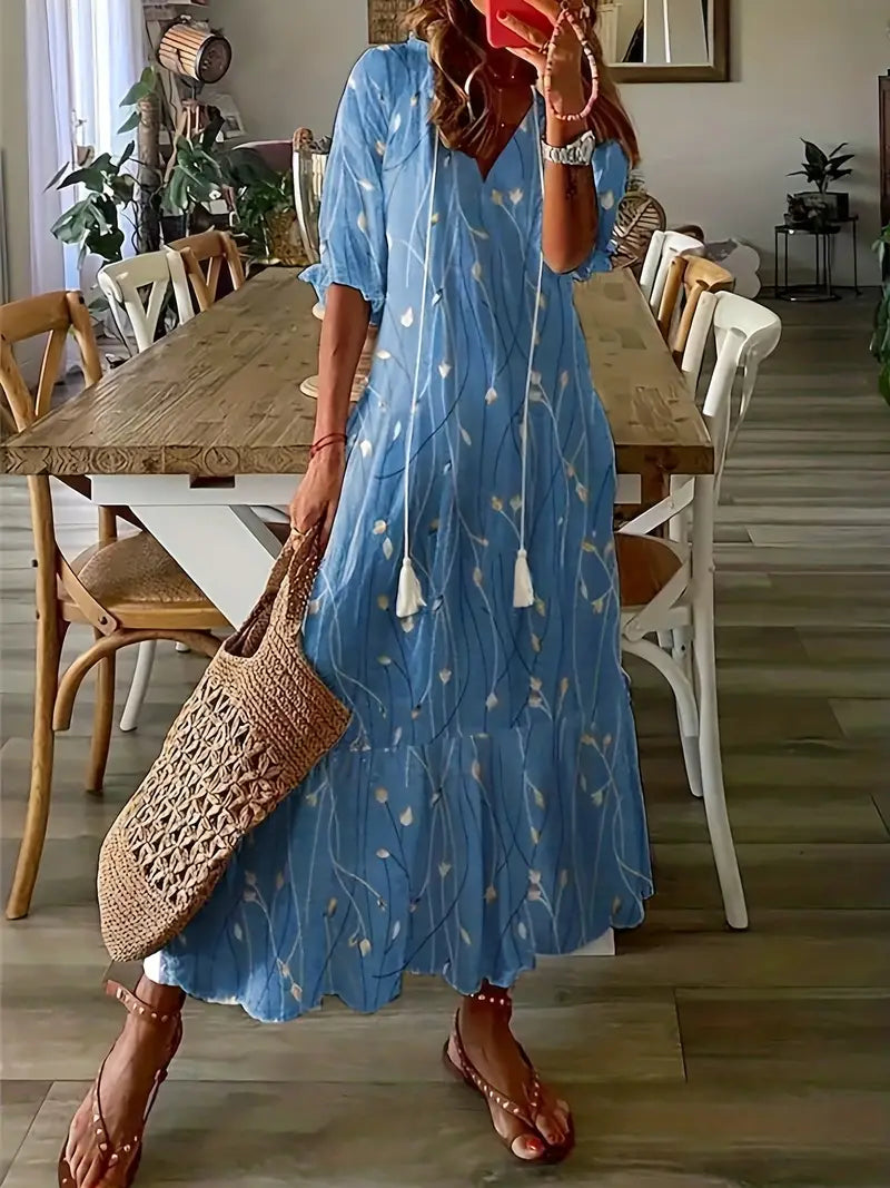 Corwin Women's Boho Dress – Sophisticated Ruffled Summer Dress with V-Neckline & Ikat Print