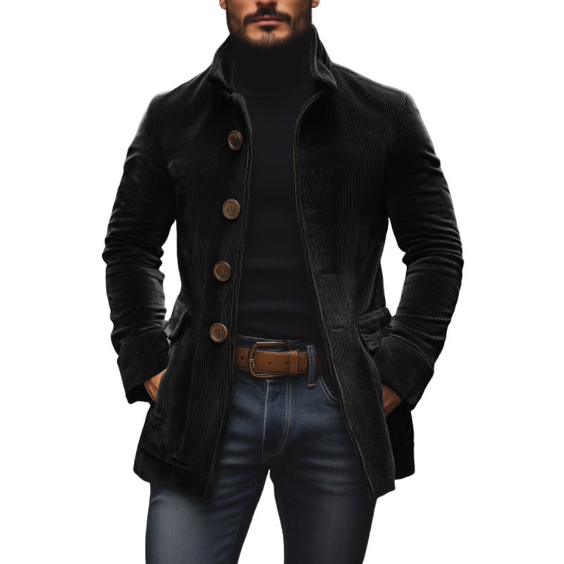 Liora Men's Corduroy Coat – Tailored Fit with Mandarin Collar & Refined Side Slip Pockets