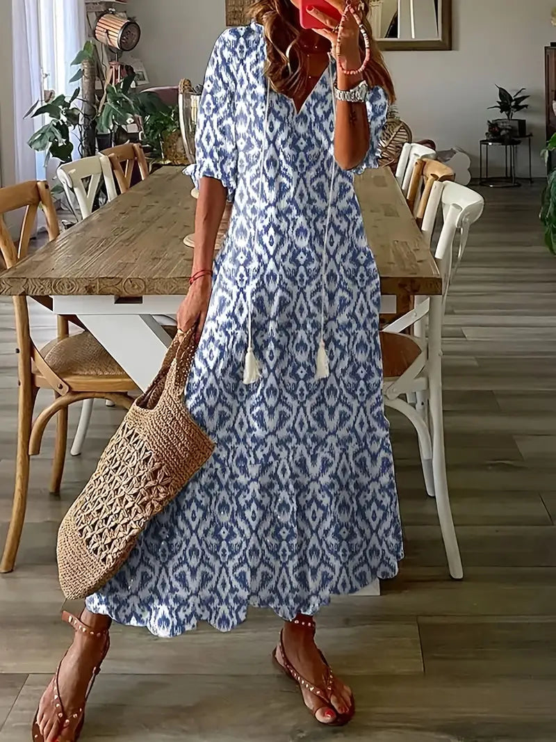 Corwin Women's Boho Dress – Sophisticated Ruffled Summer Dress with V-Neckline & Ikat Print