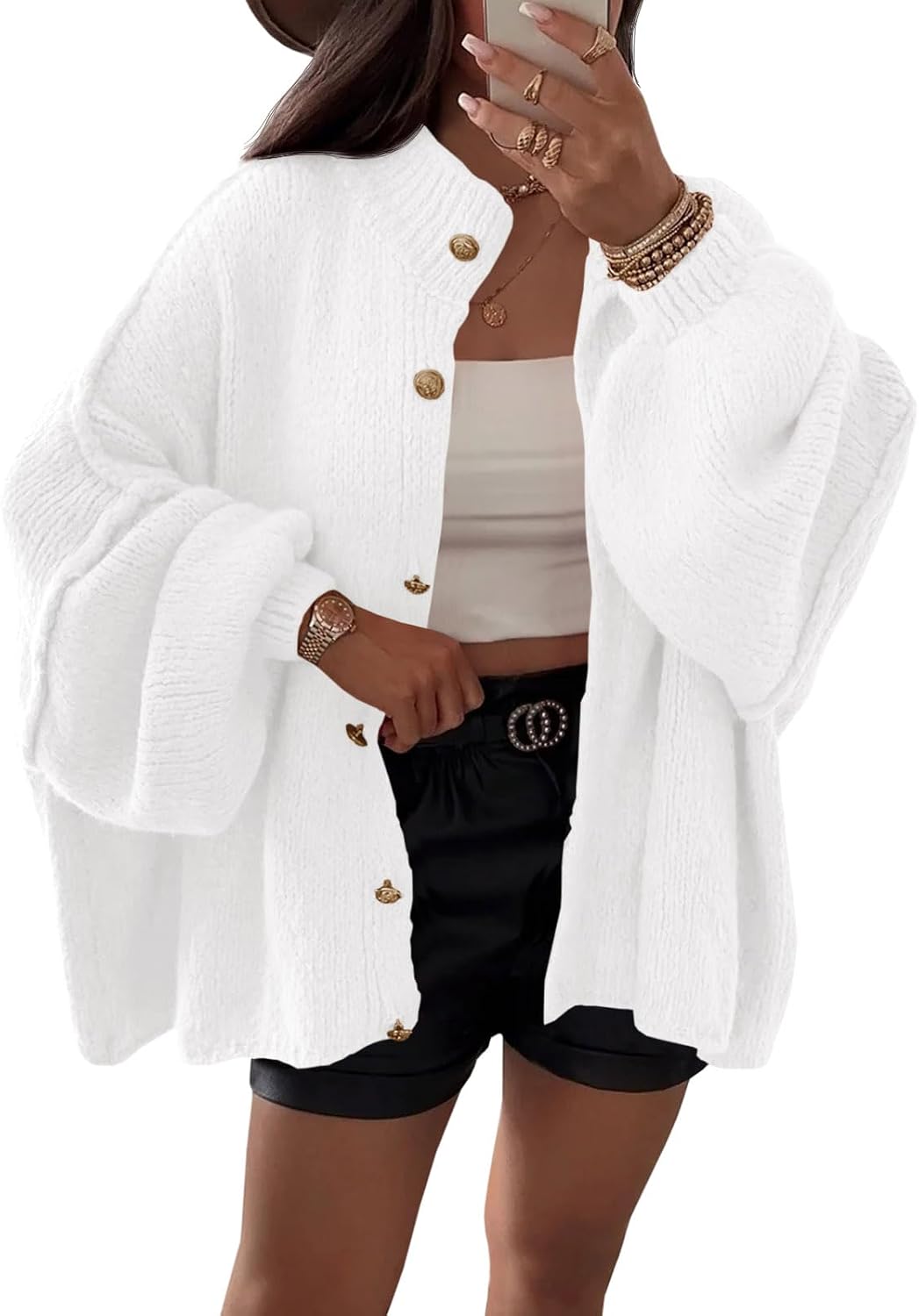 Briar Women's Oversized Cardigan – Balloon Sleeves, Ribbed Knit Fabric & Button-Up Front