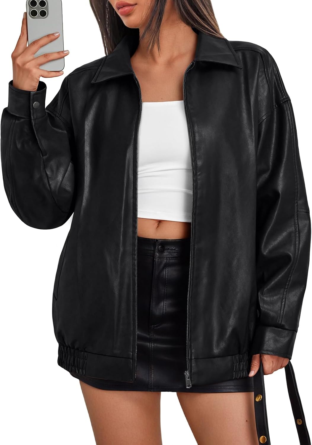 Rosalind Women's Vegan Leather Bomber Jacket – Oversized Boyfriend Fit & Zip-Up Front