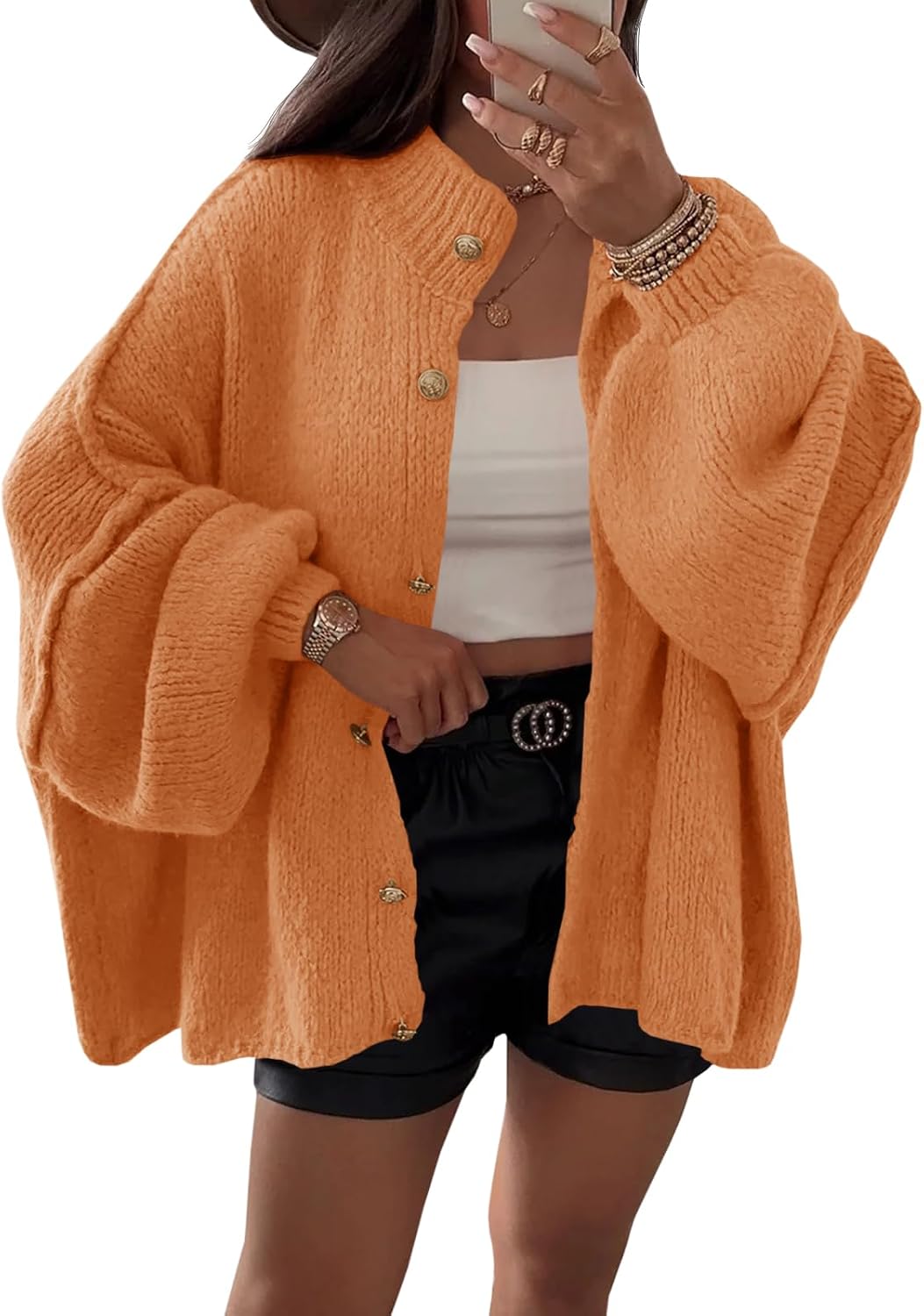 Briar Women's Oversized Cardigan – Balloon Sleeves, Ribbed Knit Fabric & Button-Up Front
