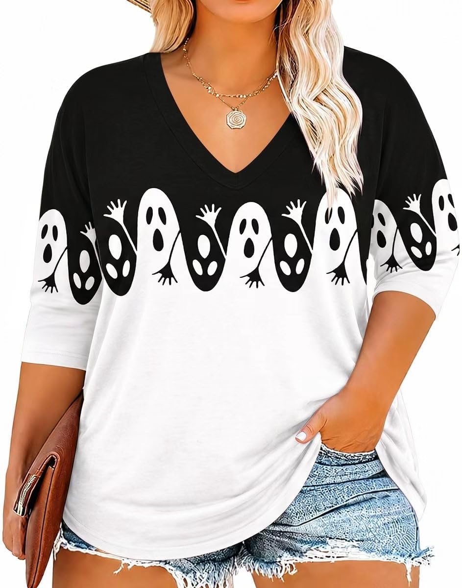 Winslet Women's V-Neckline Top – 3/4 Sleeves, Printed Design & Relaxed Plus-Size Fit