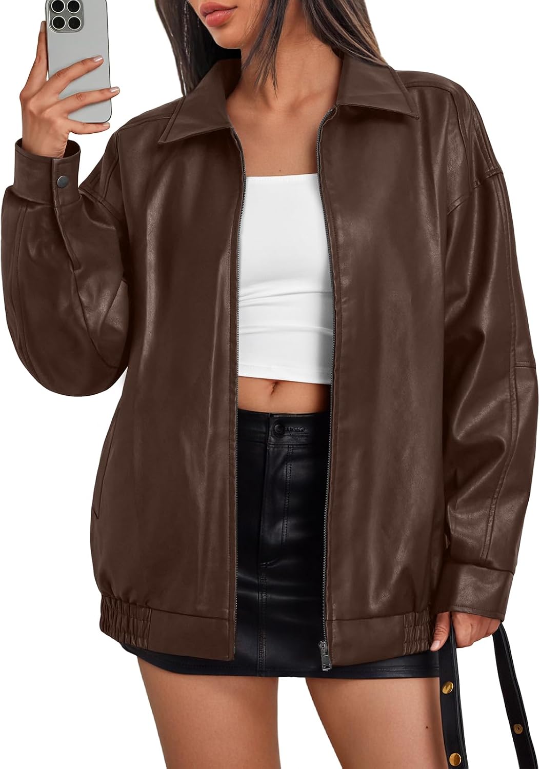 Rosalind Women's Vegan Leather Bomber Jacket – Oversized Boyfriend Fit & Zip-Up Front