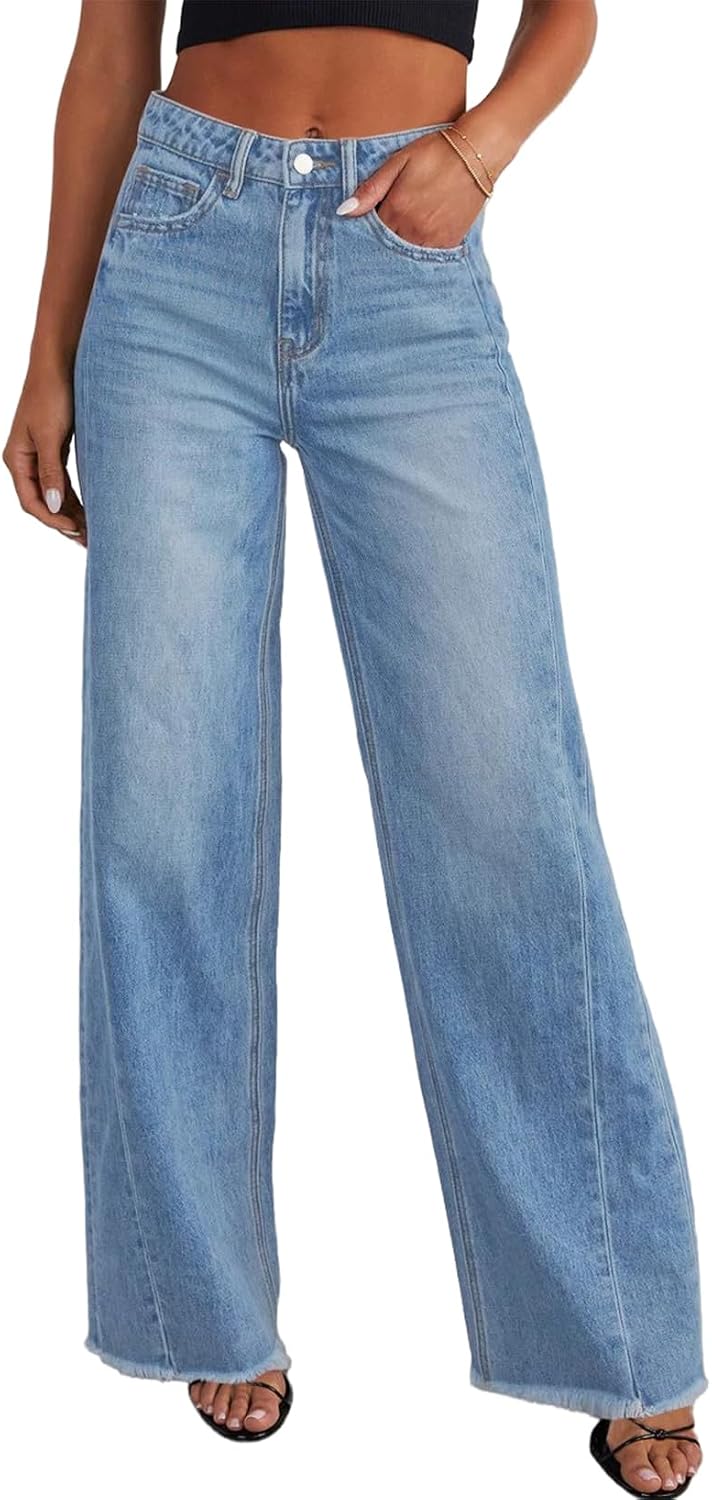 Philippa Women's Wide-Leg Jeans – High-Rise Waist, Raw Hem & Five-Pocket Design
