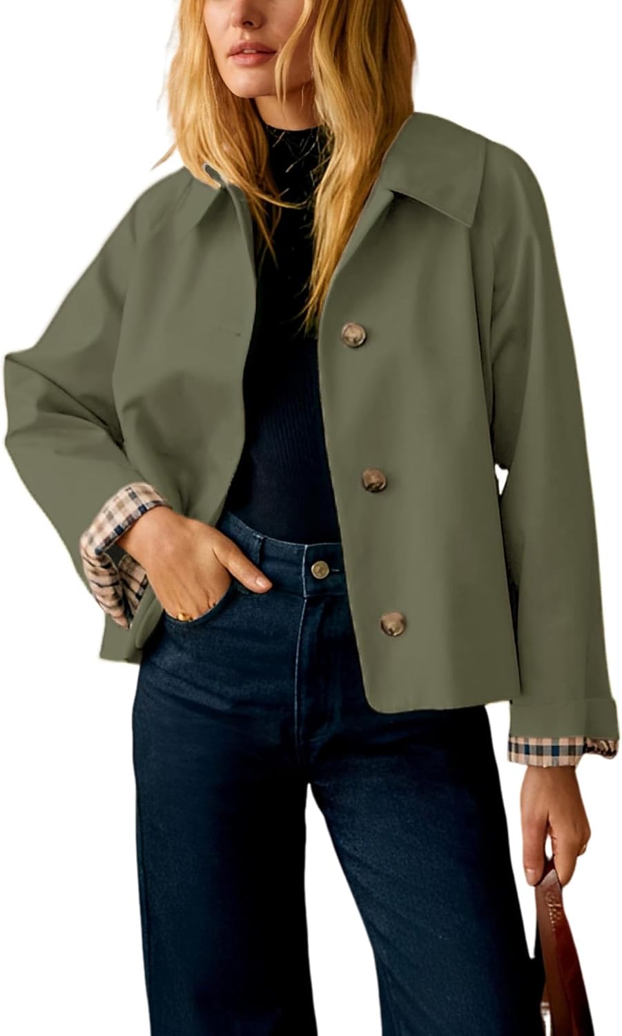 Nerys Women's Cropped Trench Jacket – Roomy Fit, Notched Lapel & Plaid Lining