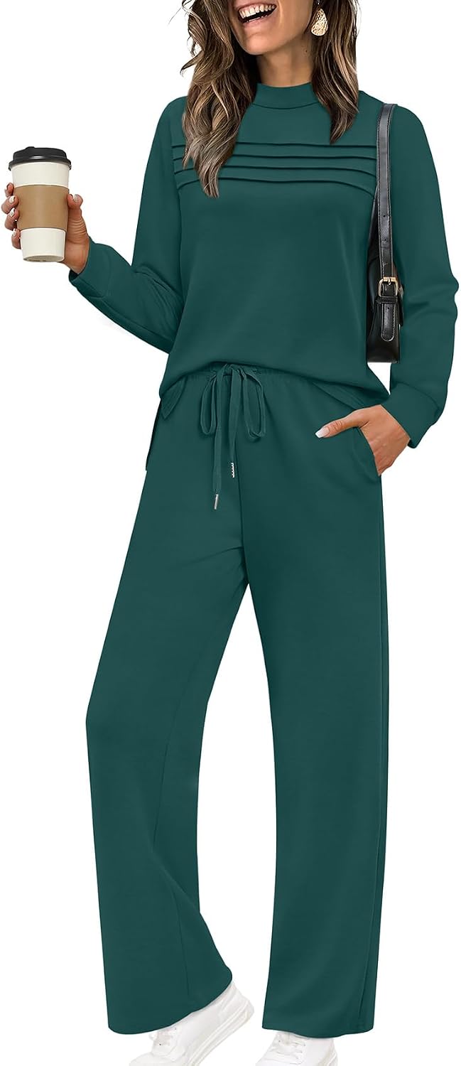 Indira Women's Two-Piece Lounge Set – Long-Sleeve Top & Wide-Leg Cropped Trousers