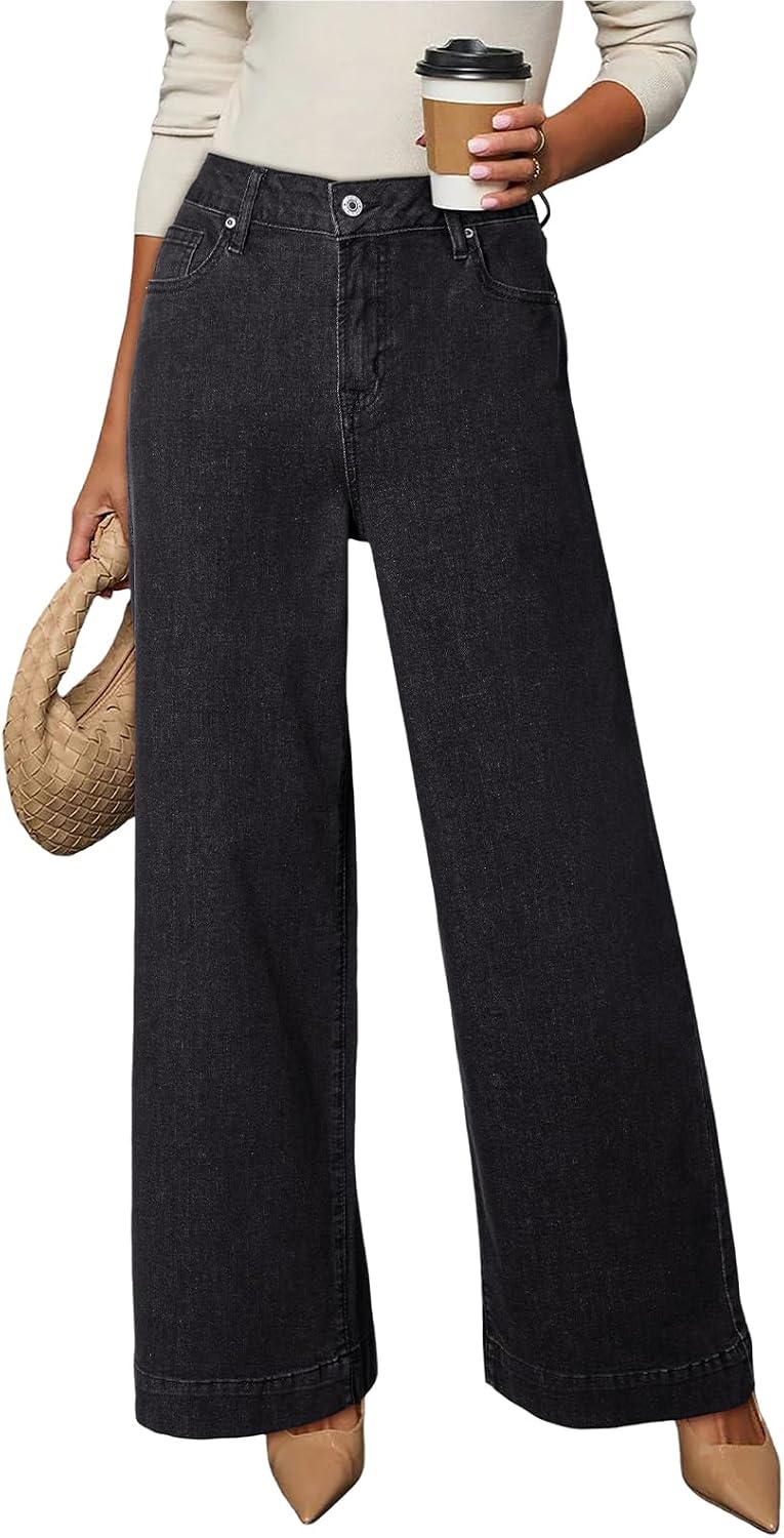 Elowen Women's High-Waisted Jeans – Straight Wide Leg, Stretch Denim & 5 Handy Pockets