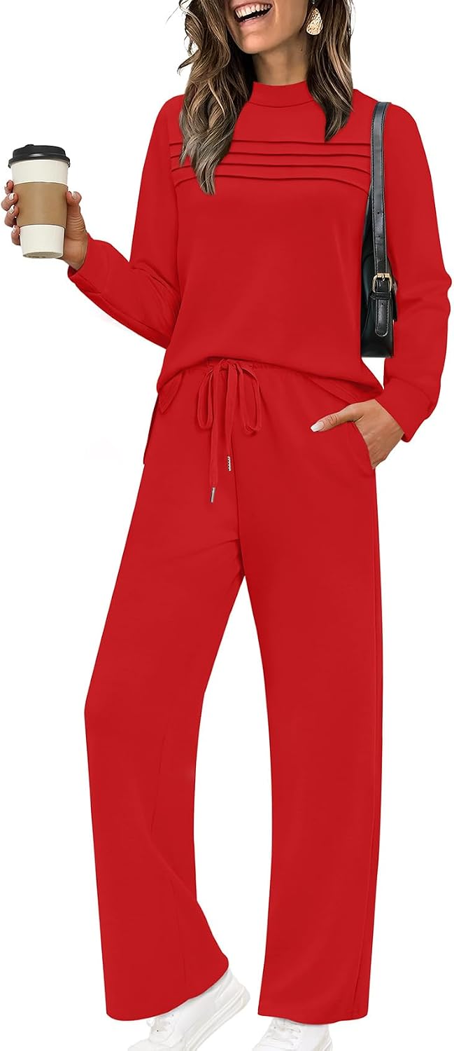 Indira Women's Two-Piece Lounge Set – Long-Sleeve Top & Wide-Leg Cropped Trousers