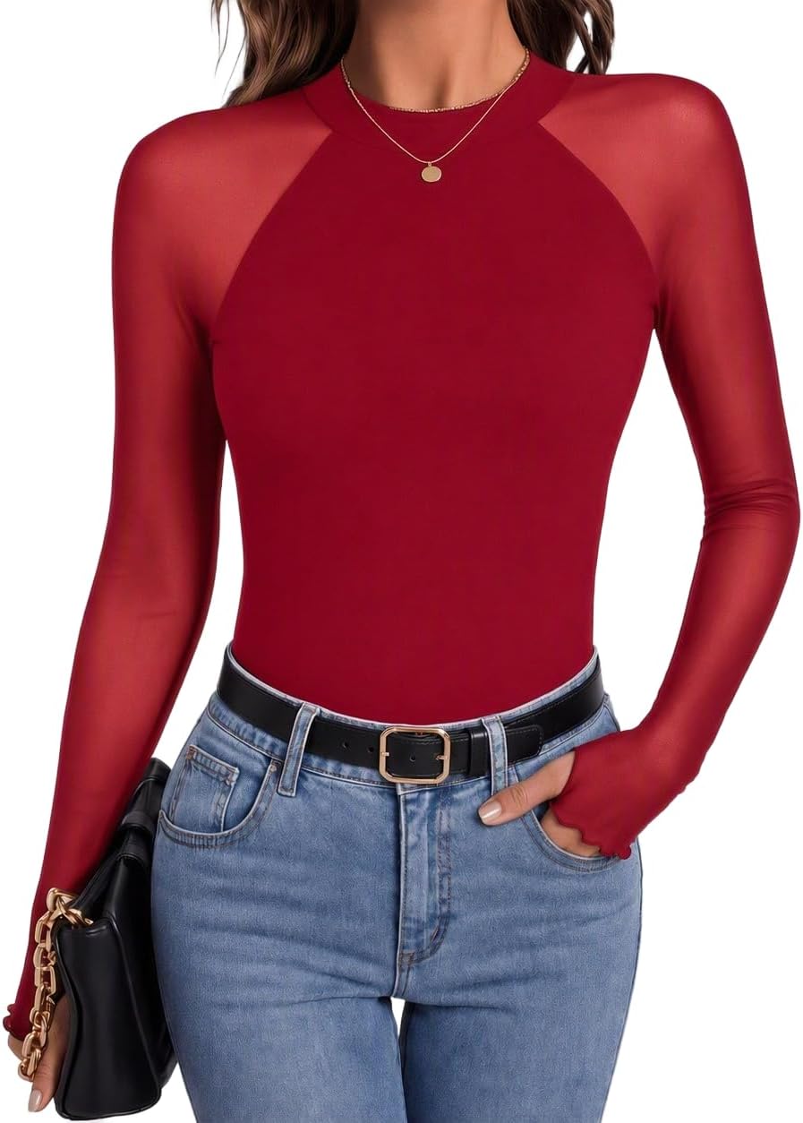 Dorian Women's Floral Mesh Top – Mock Neck, Sheer Raglan Sleeves & Double-Lined Body