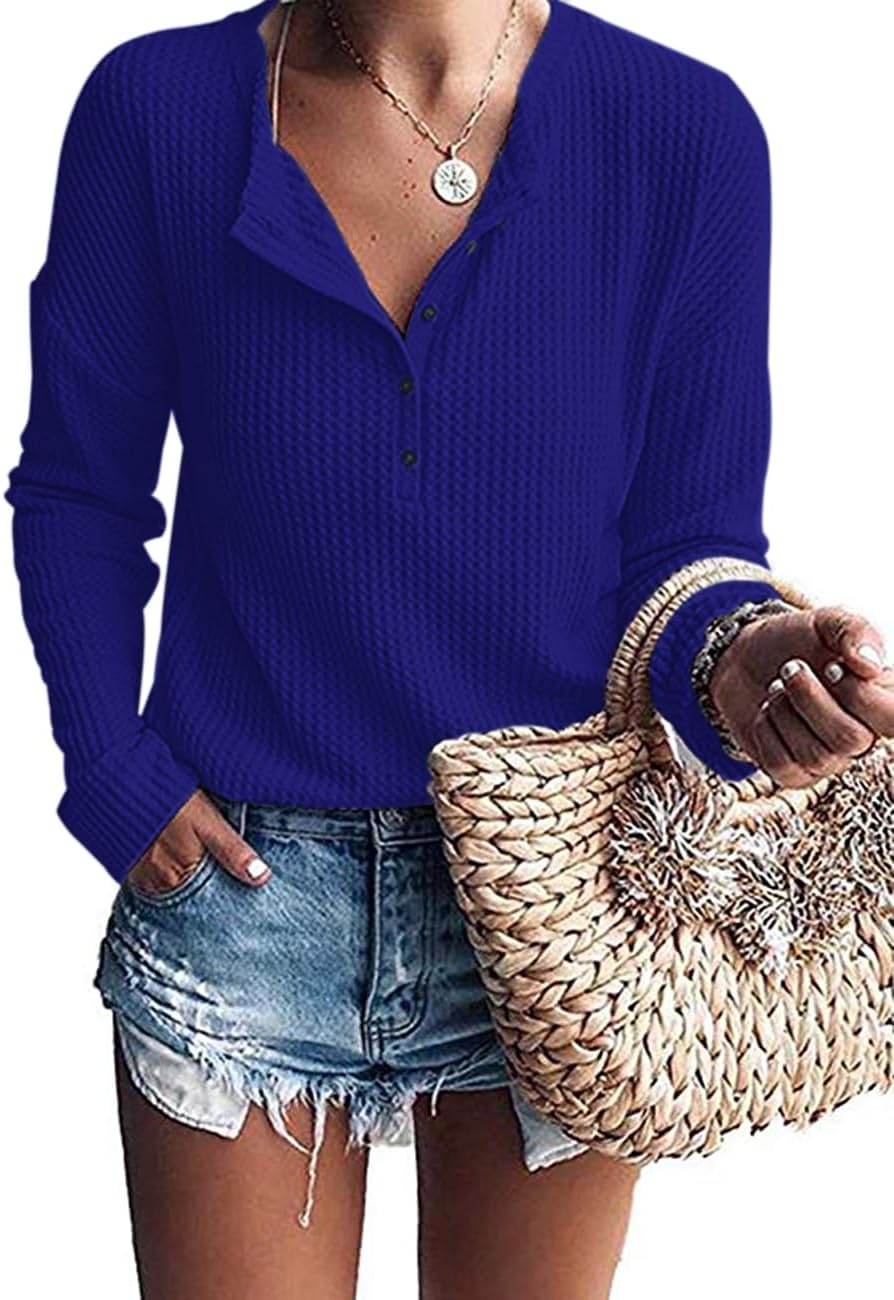 Bram Women's Waffle Knit Henley Top – V-Neckline, Dolman Sleeves & Easy Fit