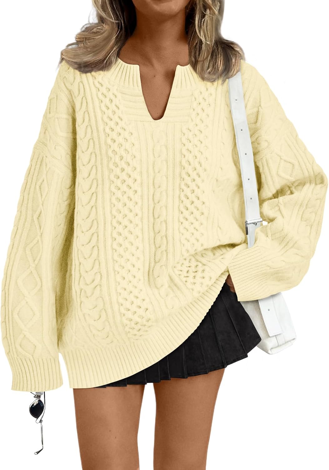 Jaylen Women's Cable Knit V-Neckline Sweater – Dropped-Shoulder Design, Ribbed Detailing & Easy Fit