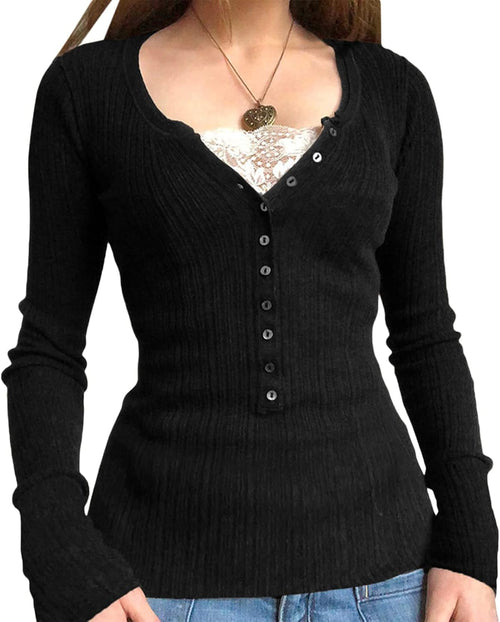 Aveline Women's Lace V-Neckline Top – Half Button-Up Front, Full-Length Sleeves & Fitted Silhouette
