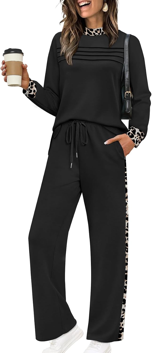 Indira Women's Two-Piece Lounge Set – Long-Sleeve Top & Wide-Leg Cropped Trousers