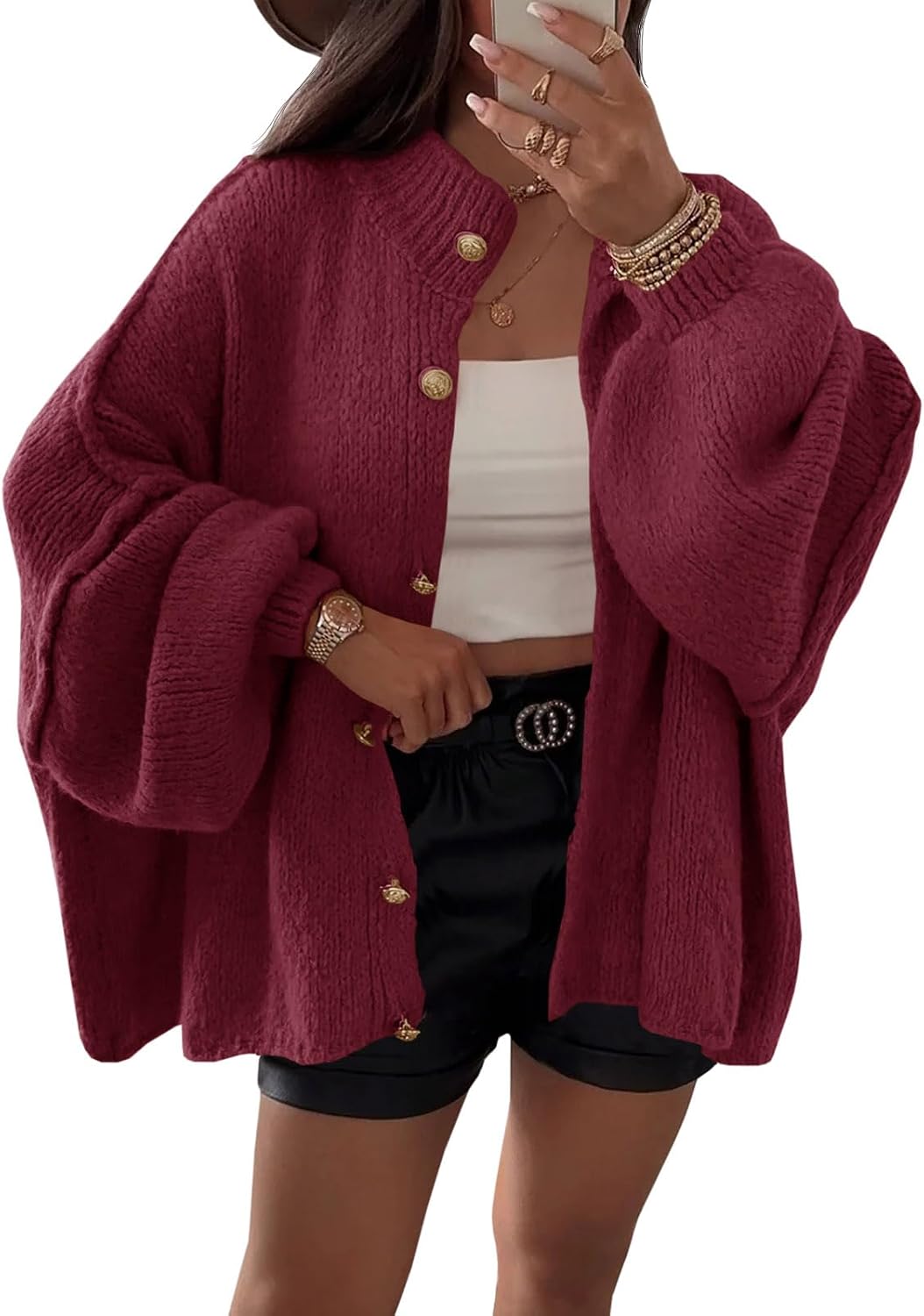 Briar Women's Oversized Cardigan – Balloon Sleeves, Ribbed Knit Fabric & Button-Up Front