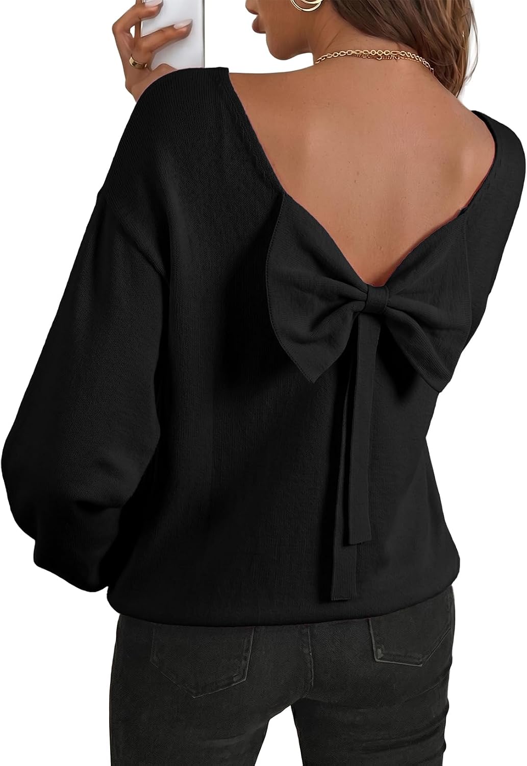 Cormac Women's Back Bow Knit Sweater – Open Back, Balloon Sleeves & Comfortable Fit