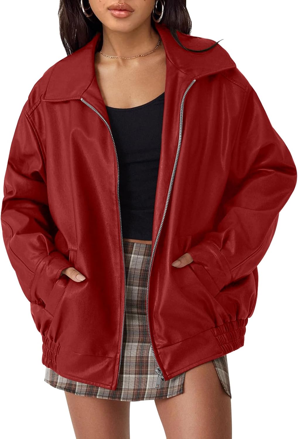Tindra Women's Oversized Vegan Leather Jacket – Biker Style, Zip-Up Front & Boyfriend Fit