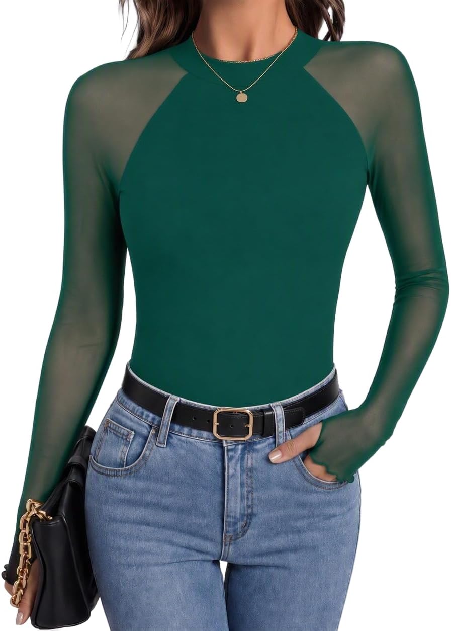 Dorian Women's Floral Mesh Top – Mock Neck, Sheer Raglan Sleeves & Double-Lined Body
