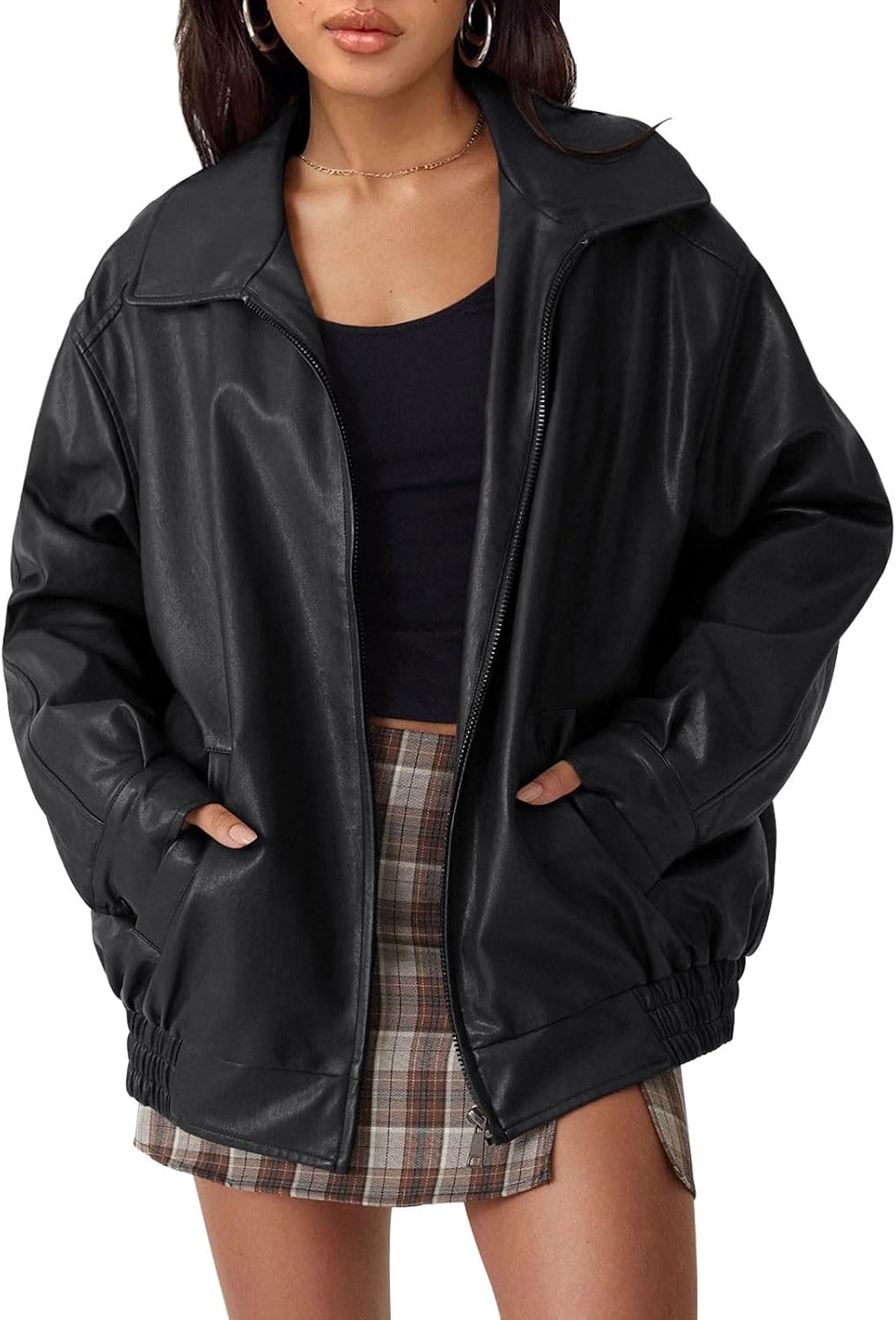 Tindra Women's Oversized Vegan Leather Jacket – Biker Style, Zip-Up Front & Boyfriend Fit