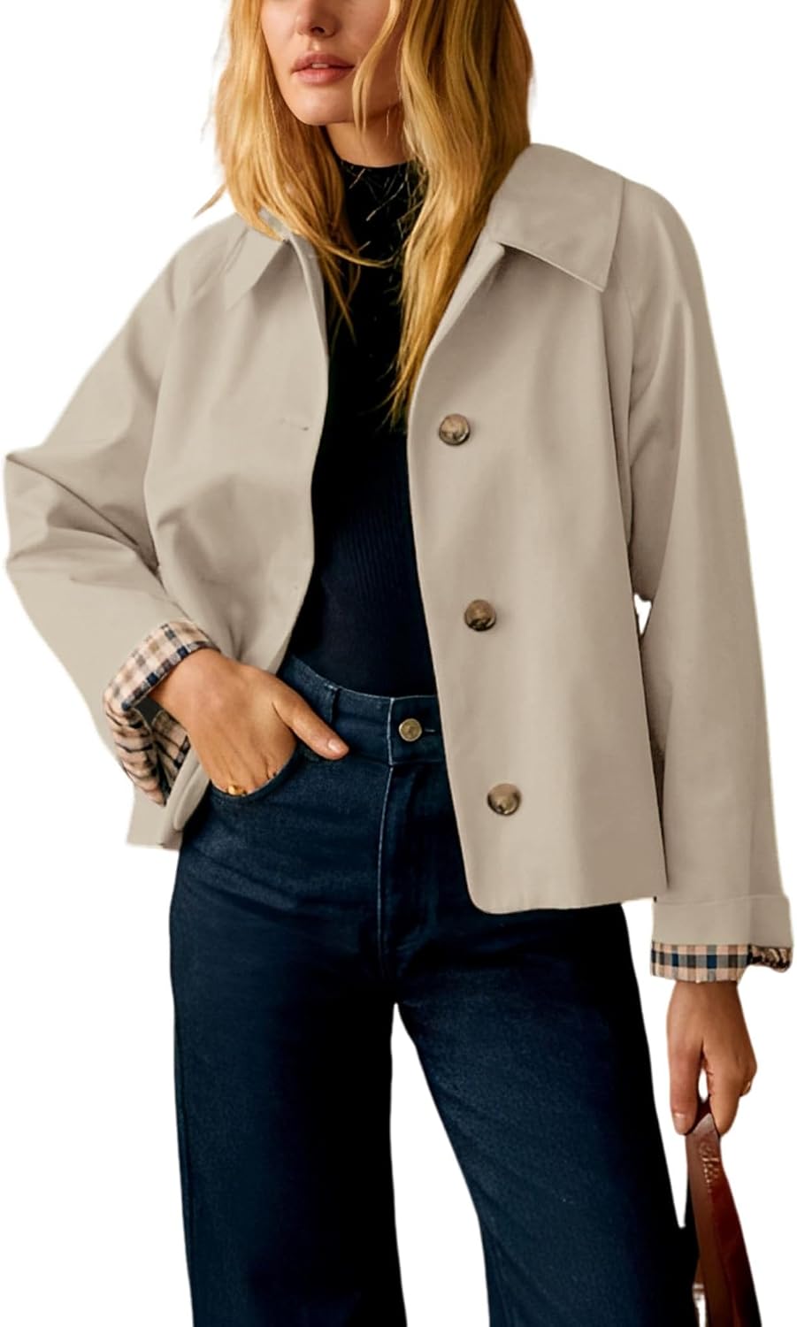 Nerys Women's Cropped Trench Jacket – Roomy Fit, Notched Lapel & Plaid Lining