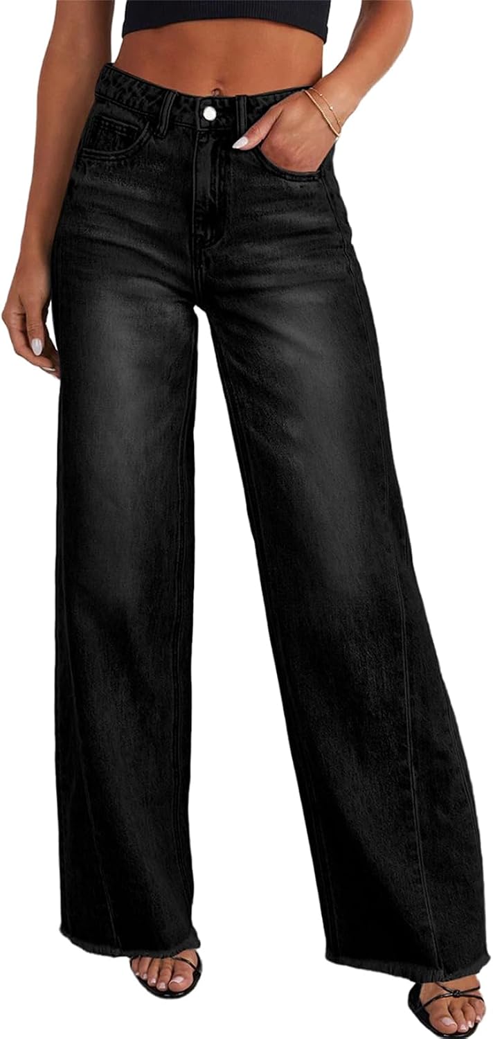 Philippa Women's Wide-Leg Jeans – High-Rise Waist, Raw Hem & Five-Pocket Design