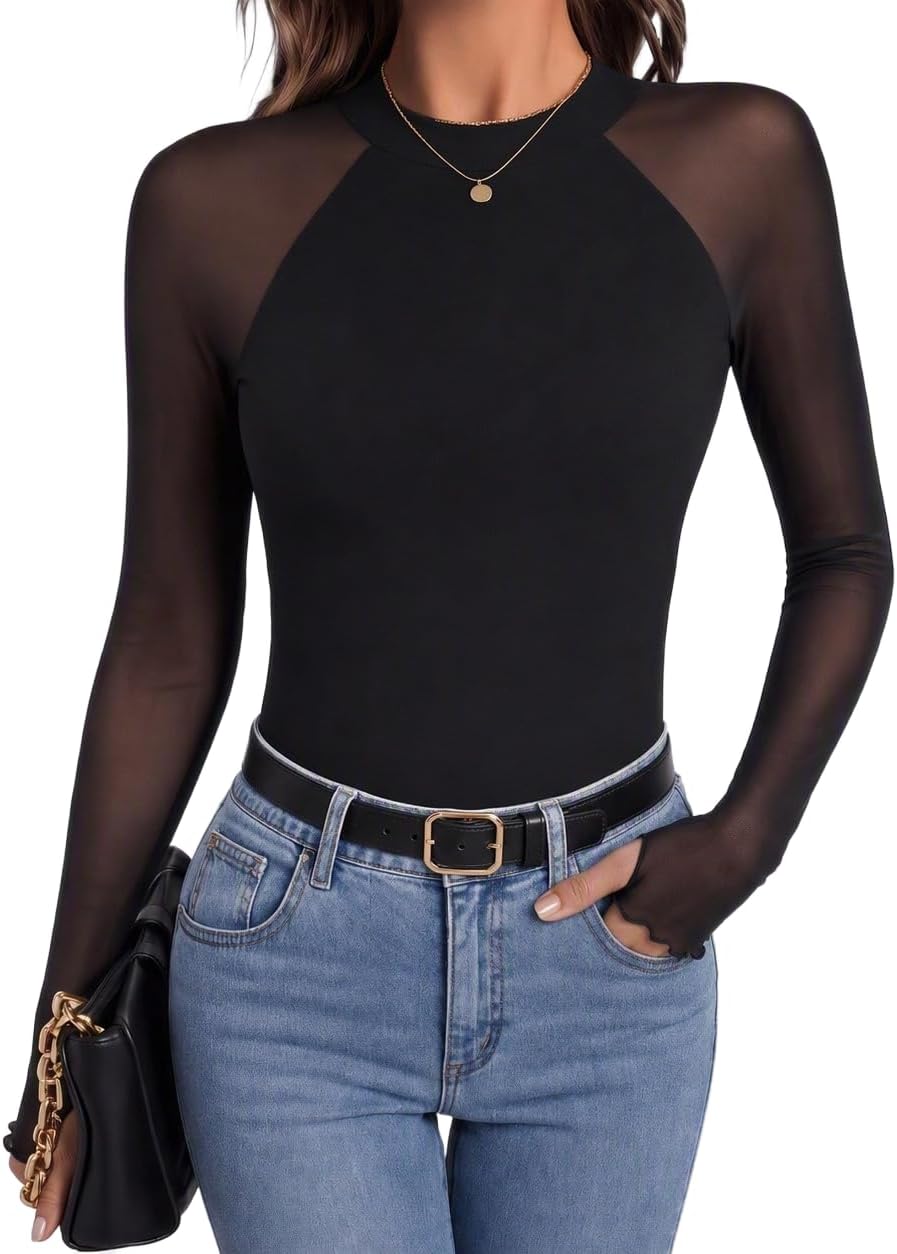 Dorian Women's Floral Mesh Top – Mock Neck, Sheer Raglan Sleeves & Double-Lined Body