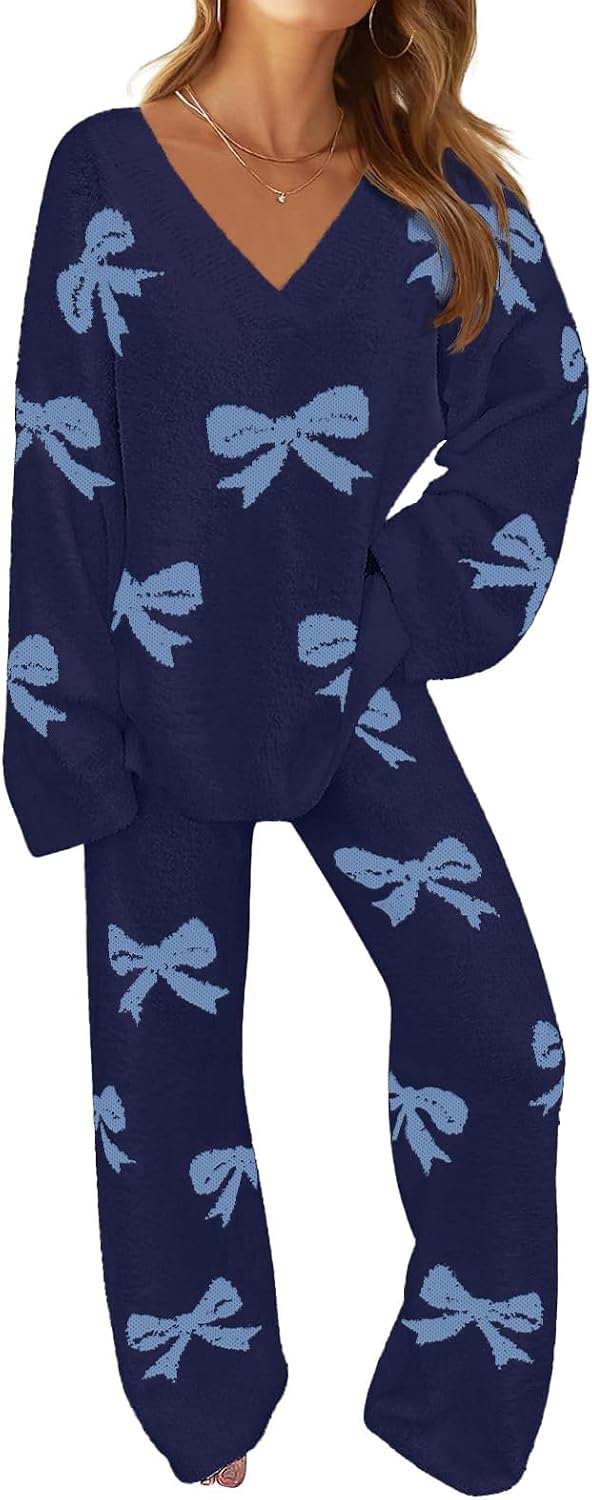 Kessler Women's Fleece Lounge Set – V-Neckline Top, Wide-Leg Pants & Drawstring Waist