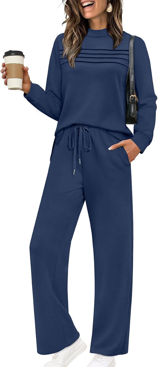 Indira Women's Two-Piece Lounge Set – Long-Sleeve Top & Wide-Leg Cropped Trousers