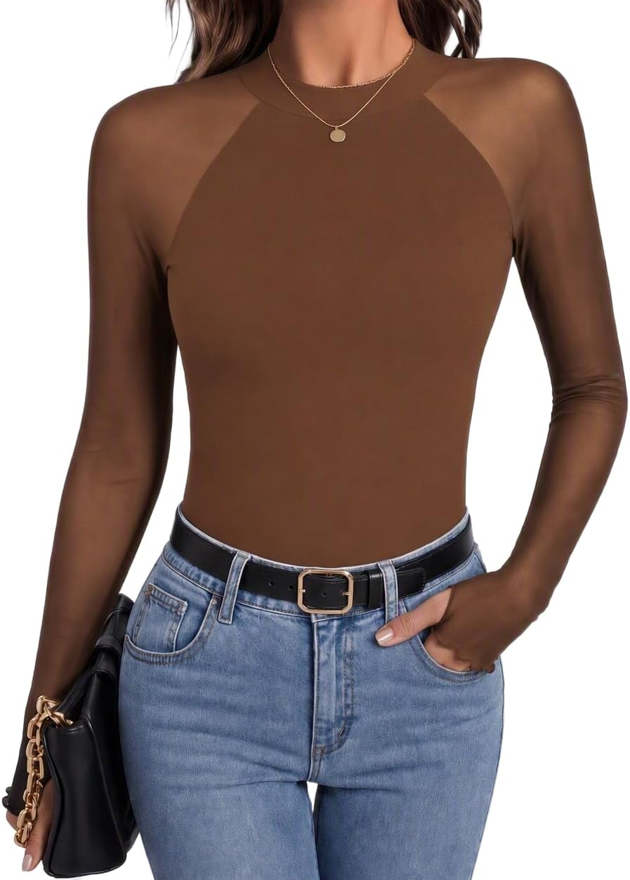 Dorian Women's Floral Mesh Top – Mock Neck, Sheer Raglan Sleeves & Double-Lined Body