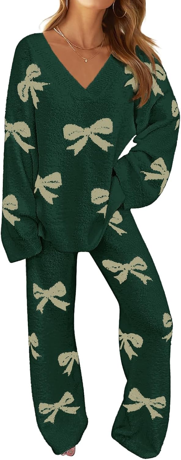 Kessler Women's Fleece Lounge Set – V-Neckline Top, Wide-Leg Pants & Drawstring Waist